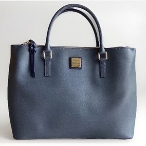 Dooney & Bourke  Willa Zip Satchel Handbag Natural Saffiano Leather Slate Blue